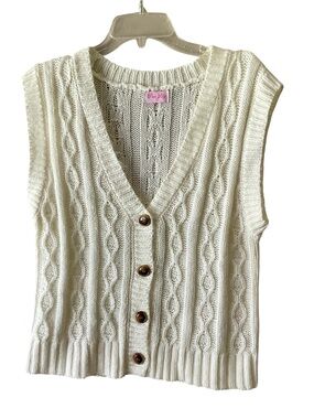 Pink Lily Cream Cable Knit V-Neck Button Sweater Vest
